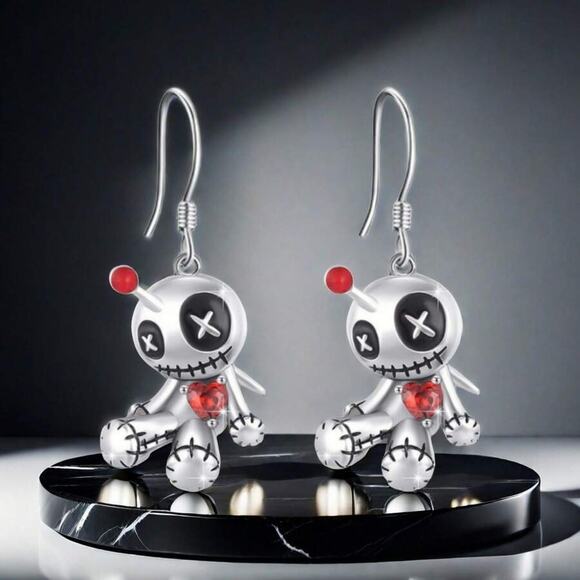 Voodoo Doll Spooky Scary Cute Silver Dangling Earrings - Picture 1 of 3